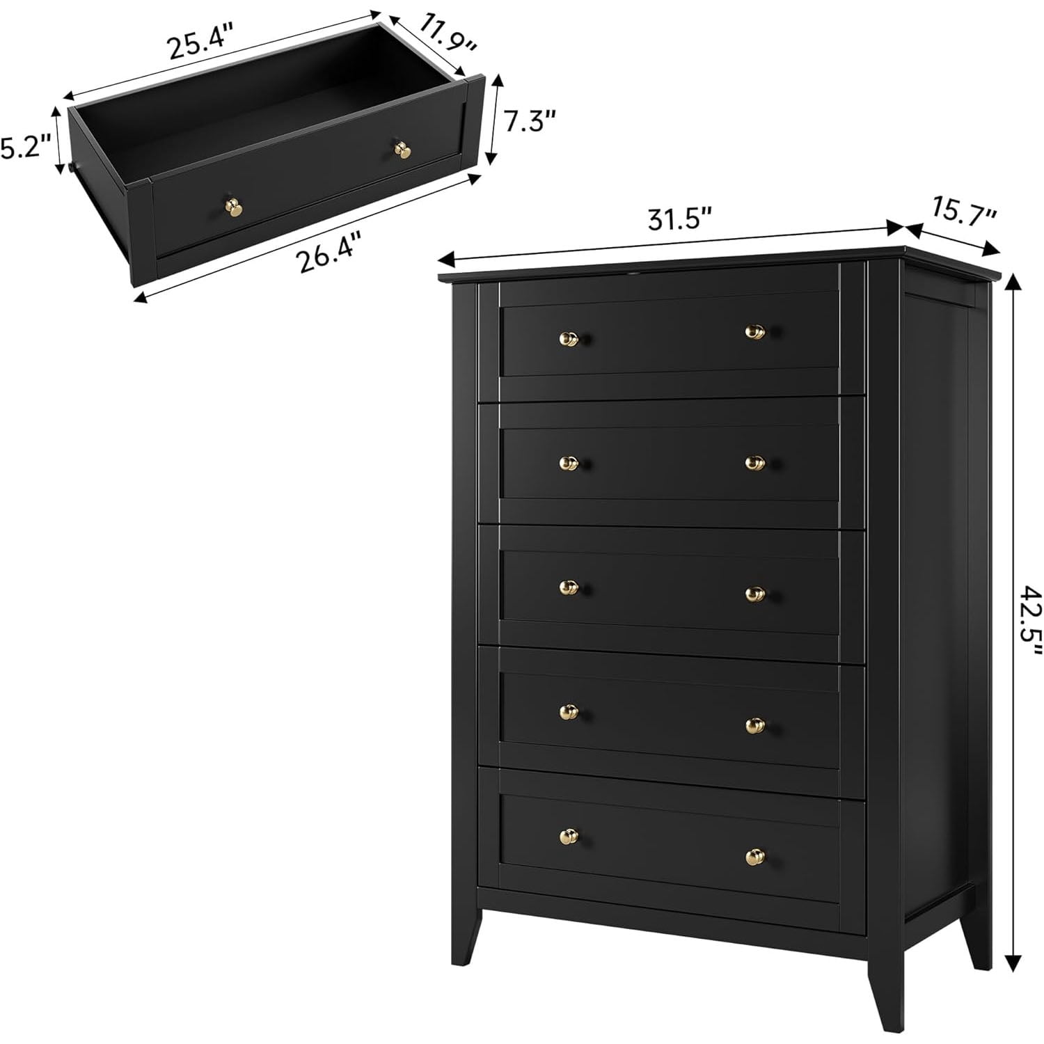 Roromall 5 Drawer Dresser for Bedroom, Tall Dresser with Deep Drawers & Metal Knobs, Modern Wooden Chests of Drawers for Entryway, Hallway