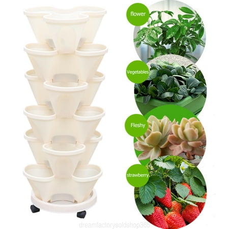 6 Tier Vertical Garden Tower Stackable Plant Flower Pots with Caddy Milky 6 Tier Stackable Pot Strawberry Tower Herb Flower Vegetable Planters Vertical Stackable Pot Strawberry Tower
