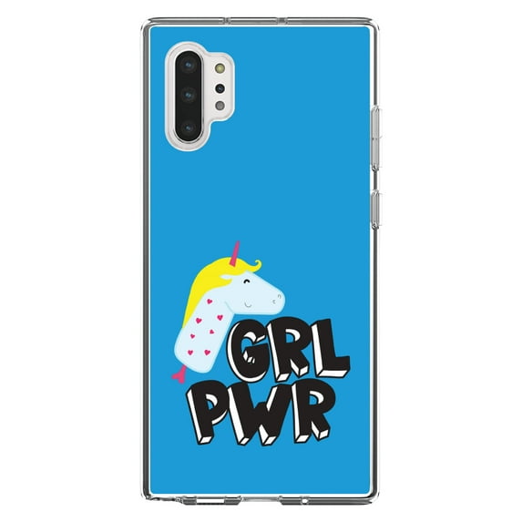 DistinctInk Clear Shockproof Hybrid Case for Galaxy Note 10 PLUS (6.8" Screen) - TPU Bumper, Acrylic Back, Tempered Glass Screen Protector - Girl Power - GRL PWR - Unicorn Blue Background