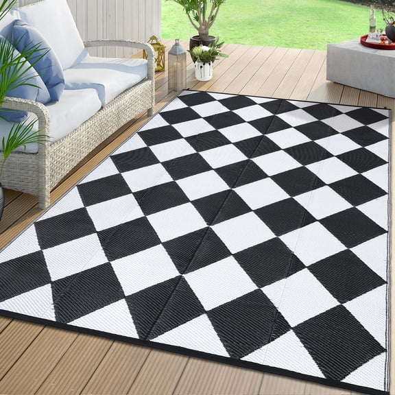 Outdoor Rug 8x10 Waterproof Reversible Patio Rug,Modern Diamond Plaid Outdoor Rug,Reversible Plastic Straw Patio Rug,Great for Patio,Deck,RV,Camping,Balcony,Picnic