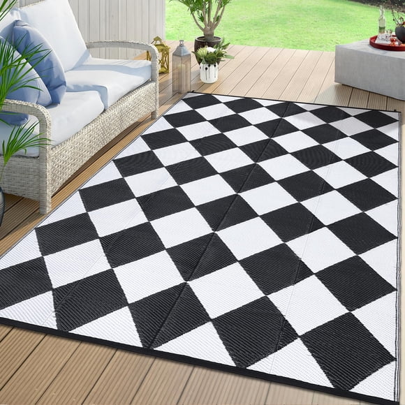 Nanan 8x10 Waterproof Outdoor Rug, Classic Checkered Pattern, All-Weather Patio Mat, UV Resistant, Stain Resistant, Easy Clean Plastic Rug for Yard, Deck, Balcony, Camping,Black White