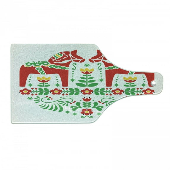 Polish Folk Cutting Board, Floral Ornament with Dala Horse Symmetric Design, Decorative Tempered Glass Cutting and Serving Board, in 3 Sizes, by Ambesonne