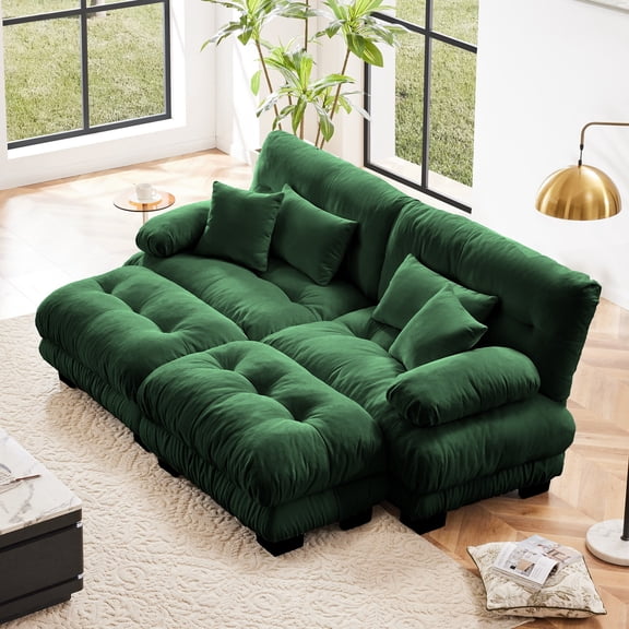 Cloud Couch Sleeper Sofa for Living Room, Chenille 2 Seater sofa with 2 Lumbar Pillows and 2 Throw Pillows, Upholstered Wide Arm Sofa with 2 Ottomans (Green)