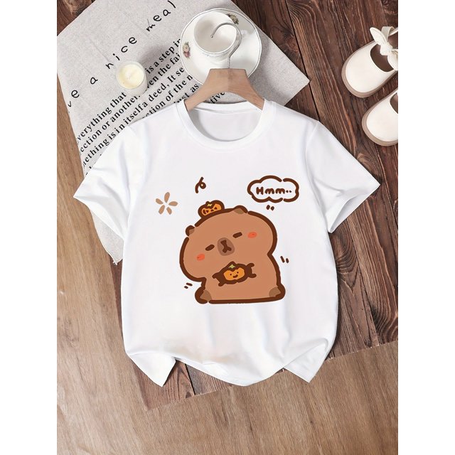 Adorable Capybara Print Girls' T-Shirt - Soft & Stretchy Round Neck Short Sleeve Tee, Cute Cartoon Design with "Hmm" Speech Bubble, Lightweight Polyester Blend for Summer Casual Wear, Capybara T Shir