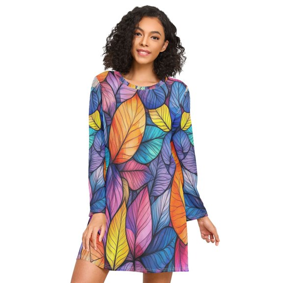 FORMRS Womens Long Sleeve Nightgowns Crew Neck Sleep Shirt Soft Pajamas Sizes S-3XL, Colorful Leaves
