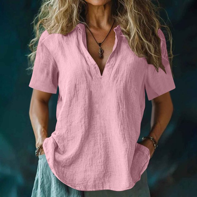 mfyjkho Tops Para Salir, Camisa Informal De Lino Con Cuello En V Y Manga Corta Para Mujer, Color Liso Tops Para Salir Para Mujer Xxl
