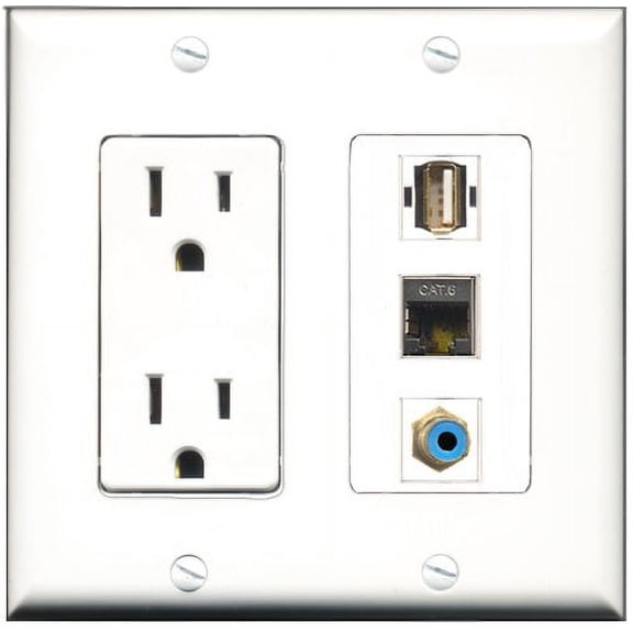 RiteAV - 15 Amp Power Outlet 1 Port RCA Blue 1 Port USB A-A 1 Port Shielded Cat6 Ethernet Ethernet Decorative Wall Plate