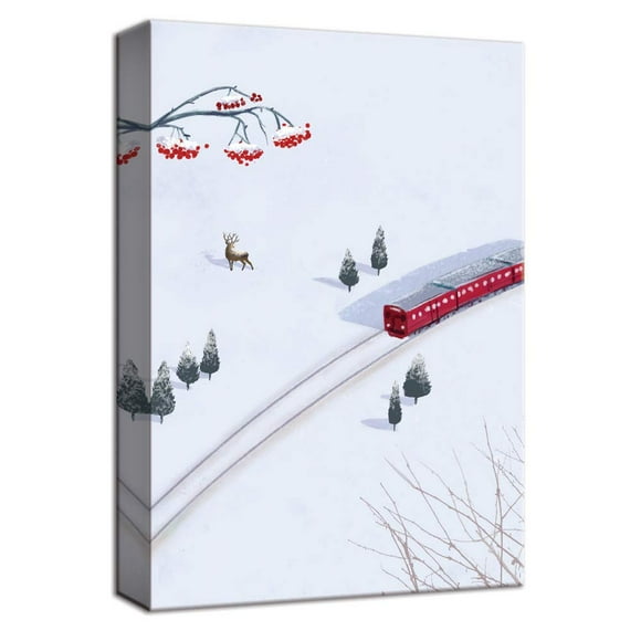 NWT Canvas Wall Art Deer Red Train in Snow Winter Painting Artwork for Home Decor Framed - 12x18 inches