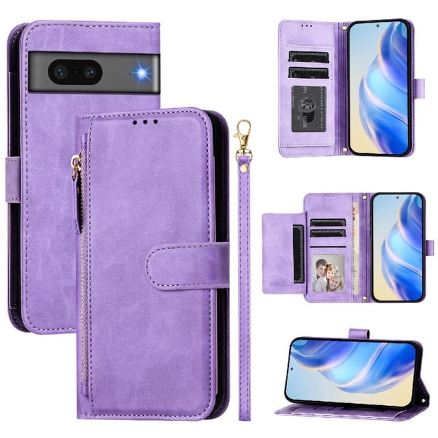 Filp Case for Google Pixel 7 Zipper Pocket Magnetic Flip Wallet Phone Case with 7 Card Slots and Wrist Strap