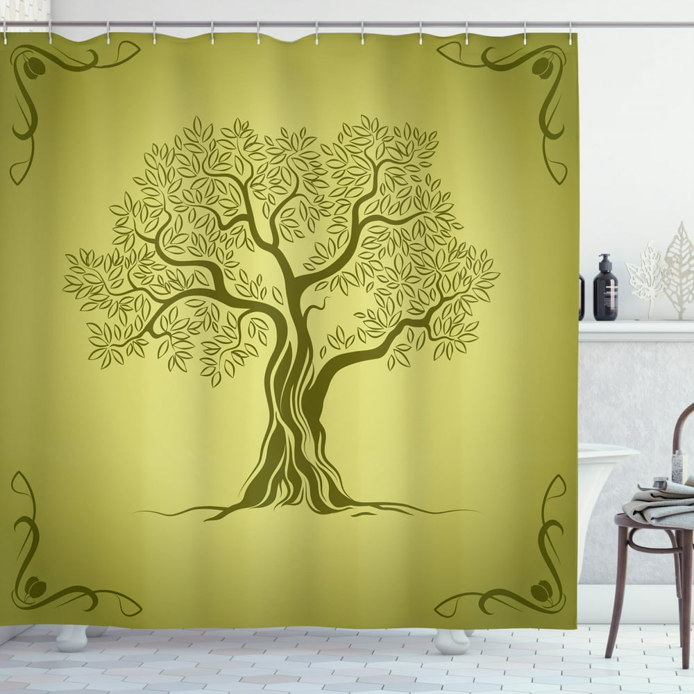 Olive Green Shower Curtain, Mediterranean Olive Tree Silhouette with