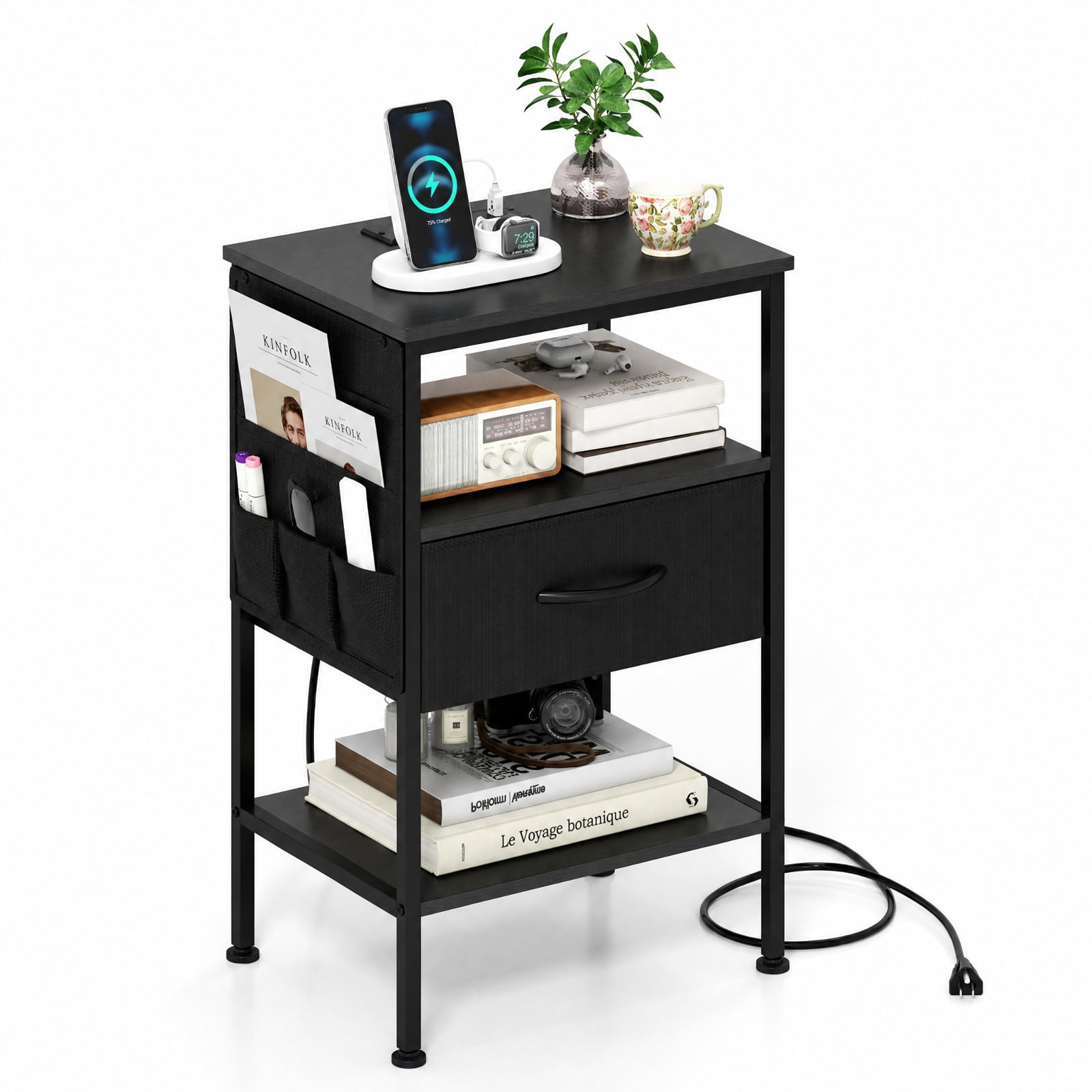 Furnibear Nightstand with Charging Station 24.5 inch Modern Bedside Table with Fabric Drawer for Bedroom Living Room Bedside Sofa Side Small, Black