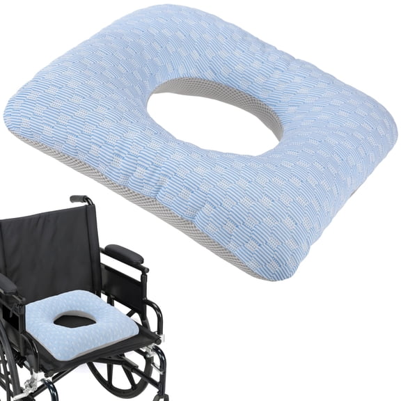 Large Donut Cushion for Bed Sores, Wheelchair Seat Pad with Hole for Elderly Disabled Paralyzed, Stretch Cotton, Breathable Ice Silk Fabric, Removable Zipper Cover, Light Blue
