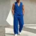 thumbnail image 2 of Mens Linen Textured Sets 2 Piece Outfits Sleeveless V Neck Shirt Vest and Pants Set Vacation Outfit for Men Summer Beach Suits Blue, 2 of 7