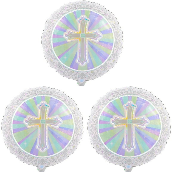 3 Baptism or Communion Cross Celebration Foil Balloons 18"