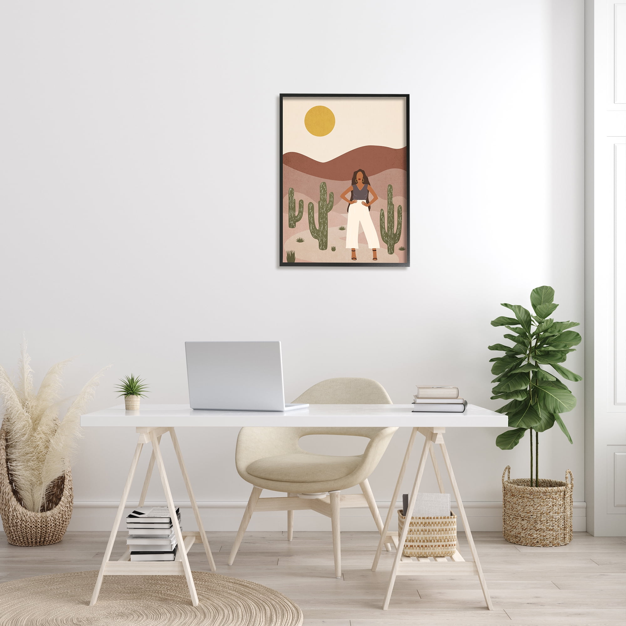 Stupell Industries Strong Female Pose Desert Cactus Sun Burnt Landscape Landscape Painting Black Framed Art Print Wall Art, 24 x 30