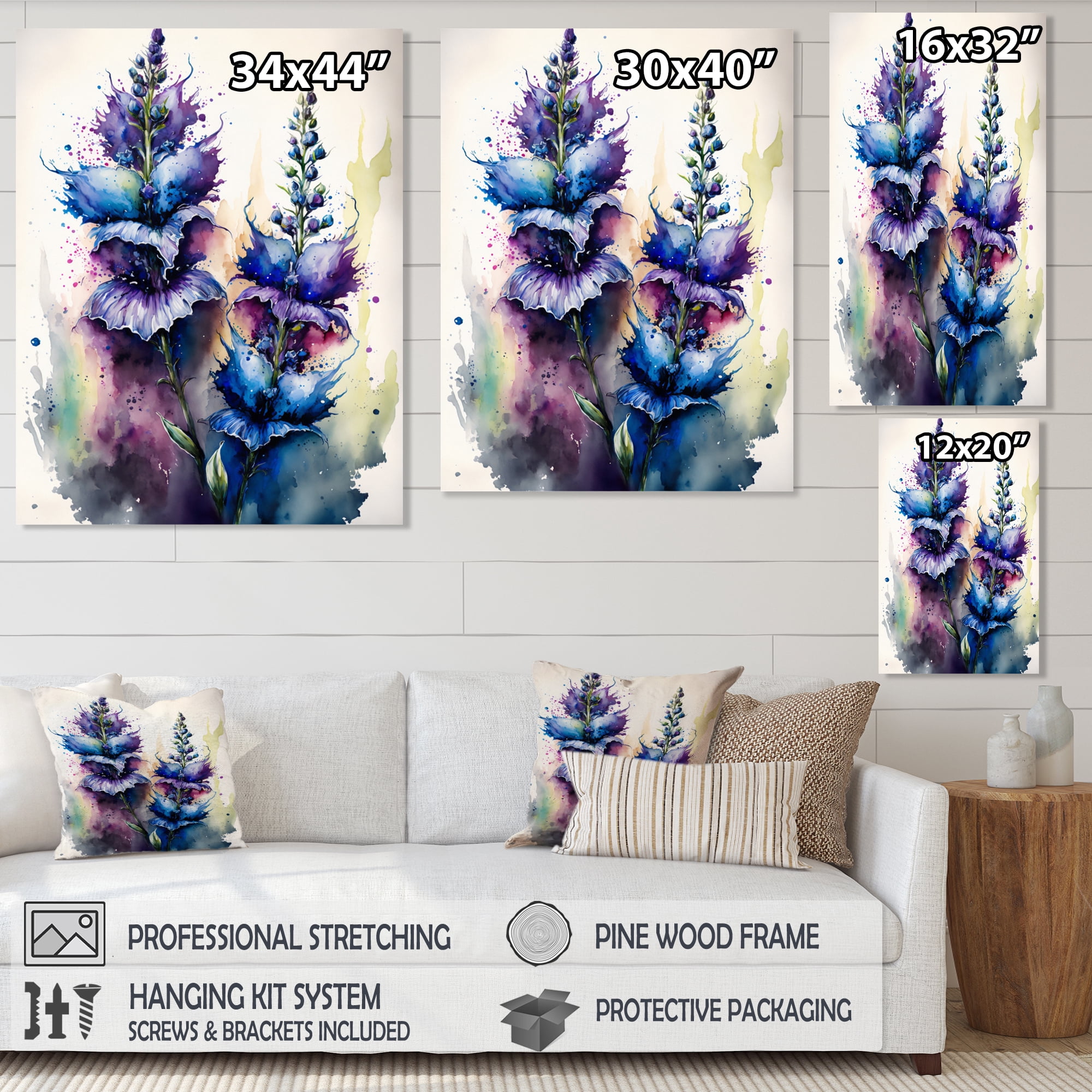 Designart Blue And Purple Delphinium Canvas Wall Art