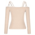 thumbnail image 5 of XFLWAM Women Spaghetti Straps Long Sleeve Ribbed Knit Top Off Shoulder V Neck Shirt Cold Shoulder Solid Color Slim Blouse Khaki 3XL, 5 of 6