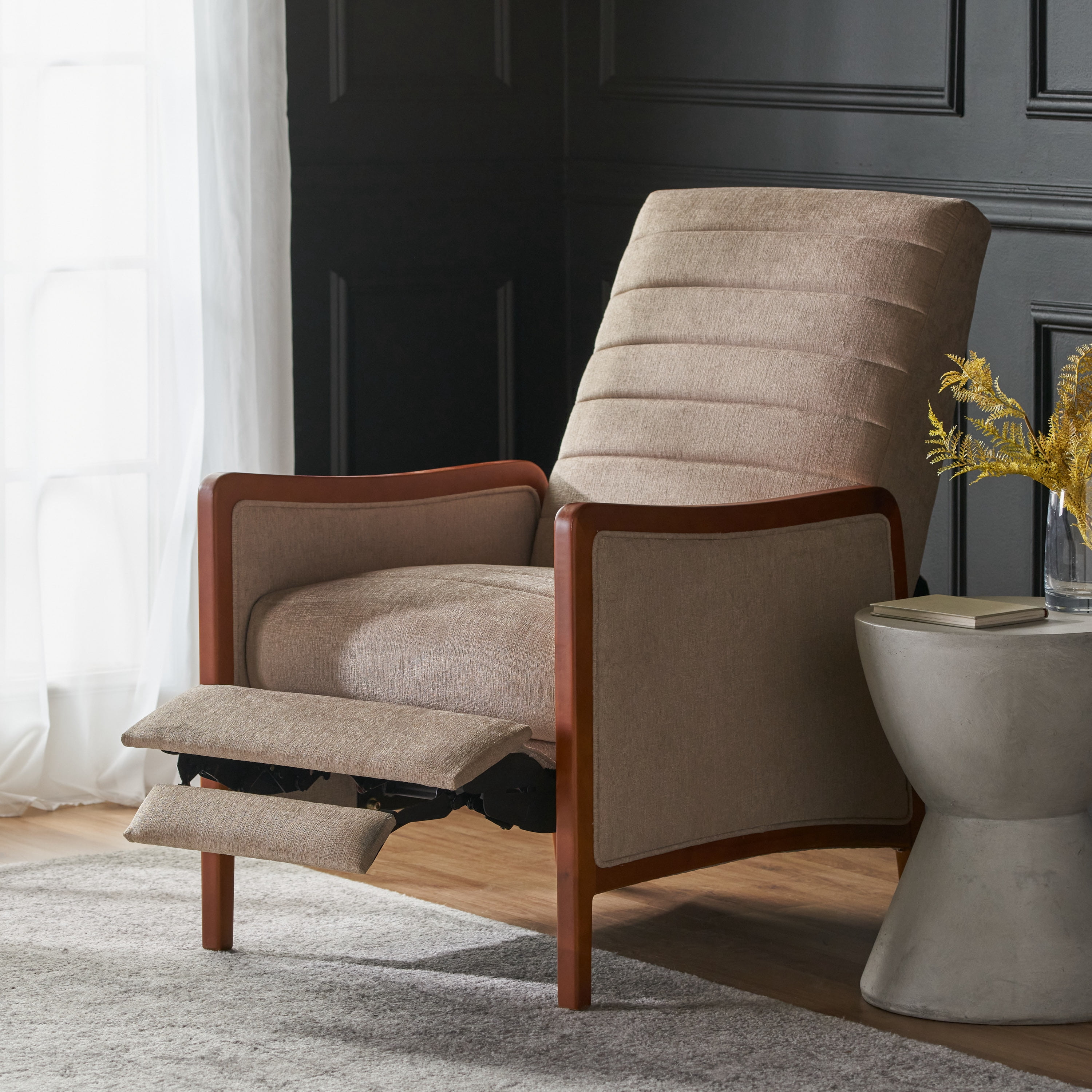 Euroco Mid-Century Modern Push Back Recliner Chair with Birch Wood Frame and Channel Tufted Upholstery, Lounge Accent Chair