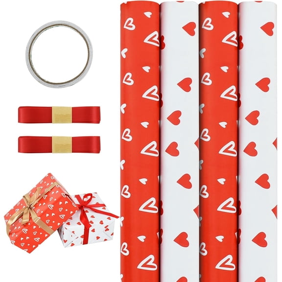 12 Sheet Valentine's Day Wrapping Paper 2 Styles Red&White Heart Gift Wrapping Paper Set with Tape&Ribbon, Valentine Gift Wrap for Anniversary,Wedding,Mother's Day,Birthday,Folded 20x28in