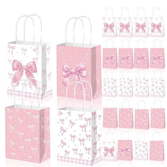 24 Pack Pink Bow Gift Bags, 8.27 inches Party Favor Bags with Handles for Girls Birthday Baby Shower Wedding
