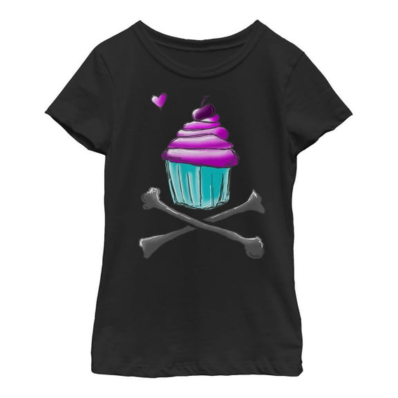 Girl's Lost Gods Skull and Crossbones Cupcake  Graphic Tee Black Large