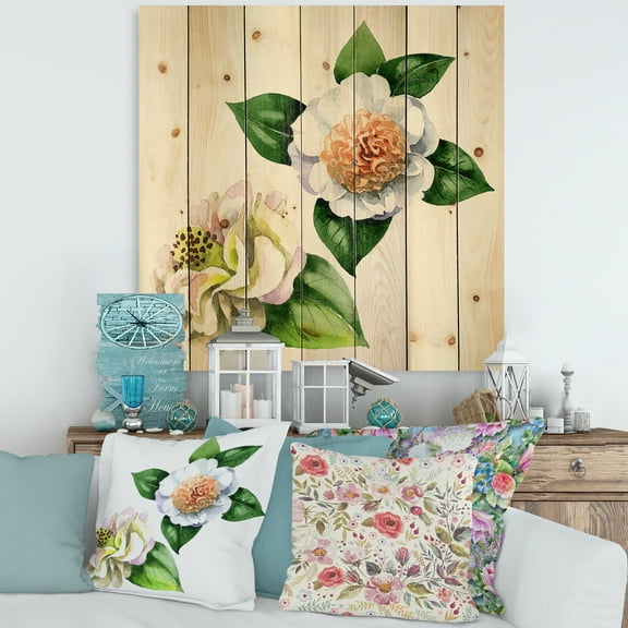 Designart 'Ancient White Camellia Flowers With Green Leaves' Traditional Print on Natural Pine Wood