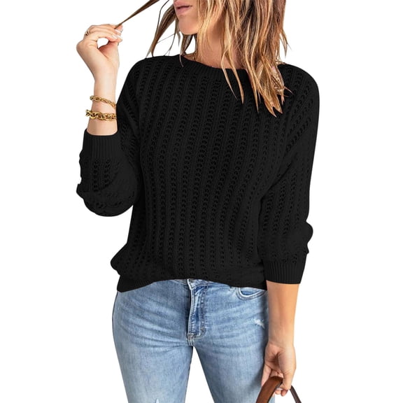 Sweaters for Women Round Neck Solid Color Long Sleeve Knit Sweater Hollow Out Top Fall Fashion 2023 Black