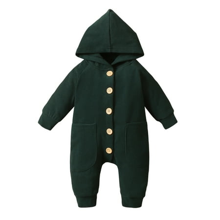 

Sunisery Infant Baby Girls Boys Casual Long Sleeve Jumpsuit Solid Color Button Down Round Neck Hooded Romper Green 9-12 Months