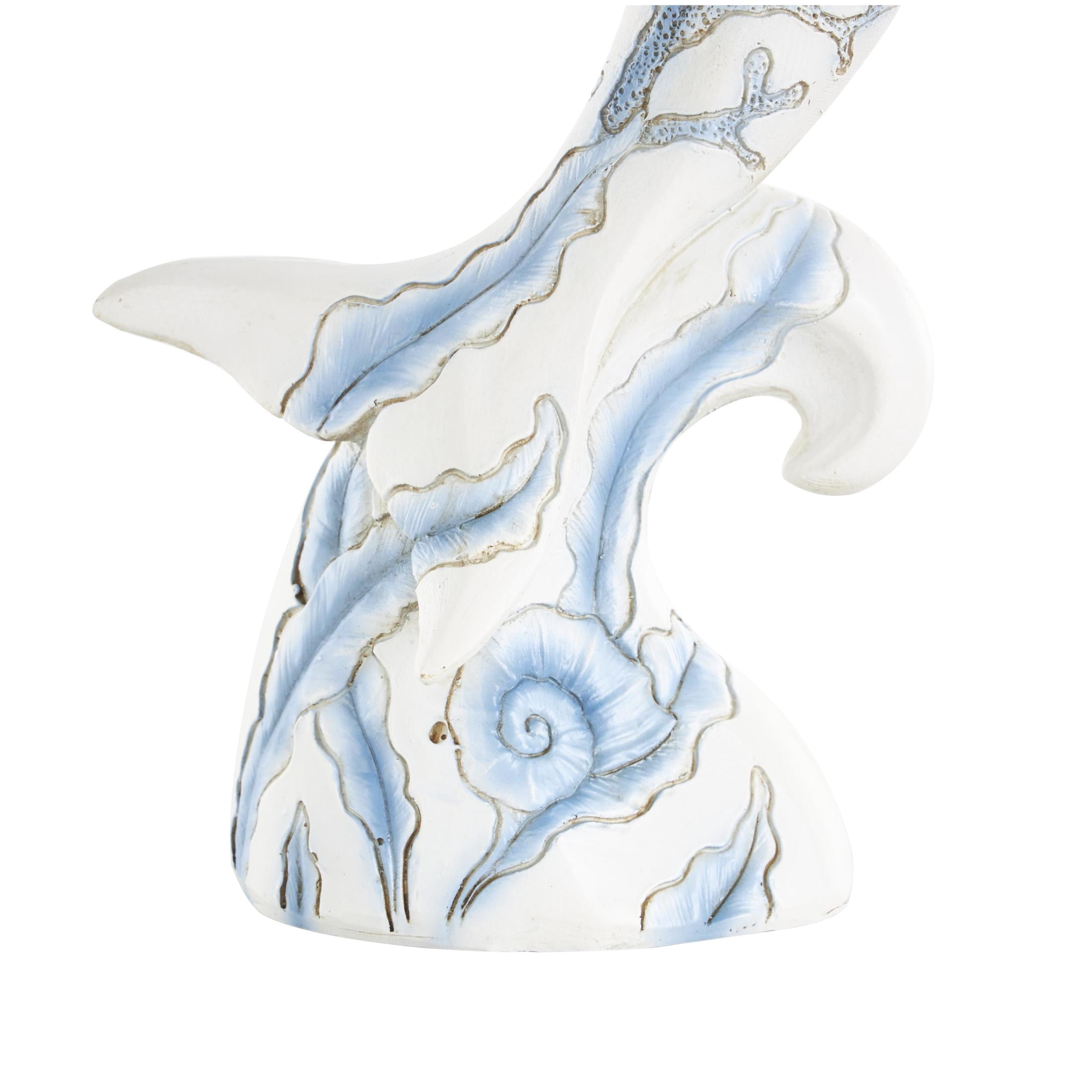 7" x 12" White Polystone Curved Dolphin Sculpture with Blue Coral Patterns, by DecMode