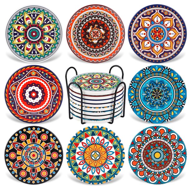 Posavasos AODINI set de 8 de cerámica absorbente con diseño mandala