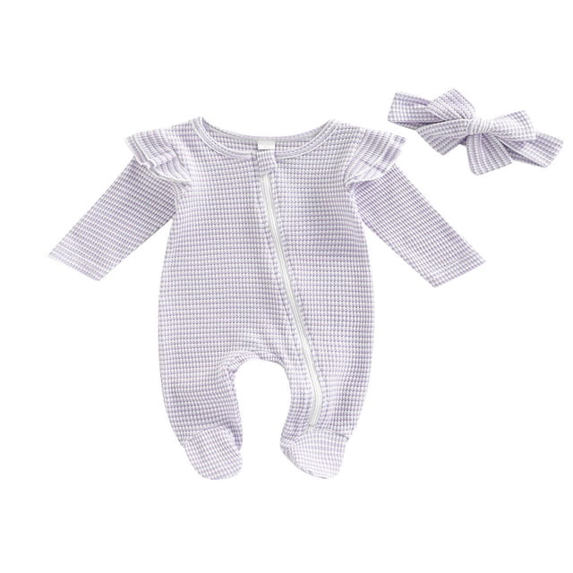 Baby Girls Romper Suit Long Sleeve Zipper Ruffle Patchwork Casual Party Street Spring Romper+Headband