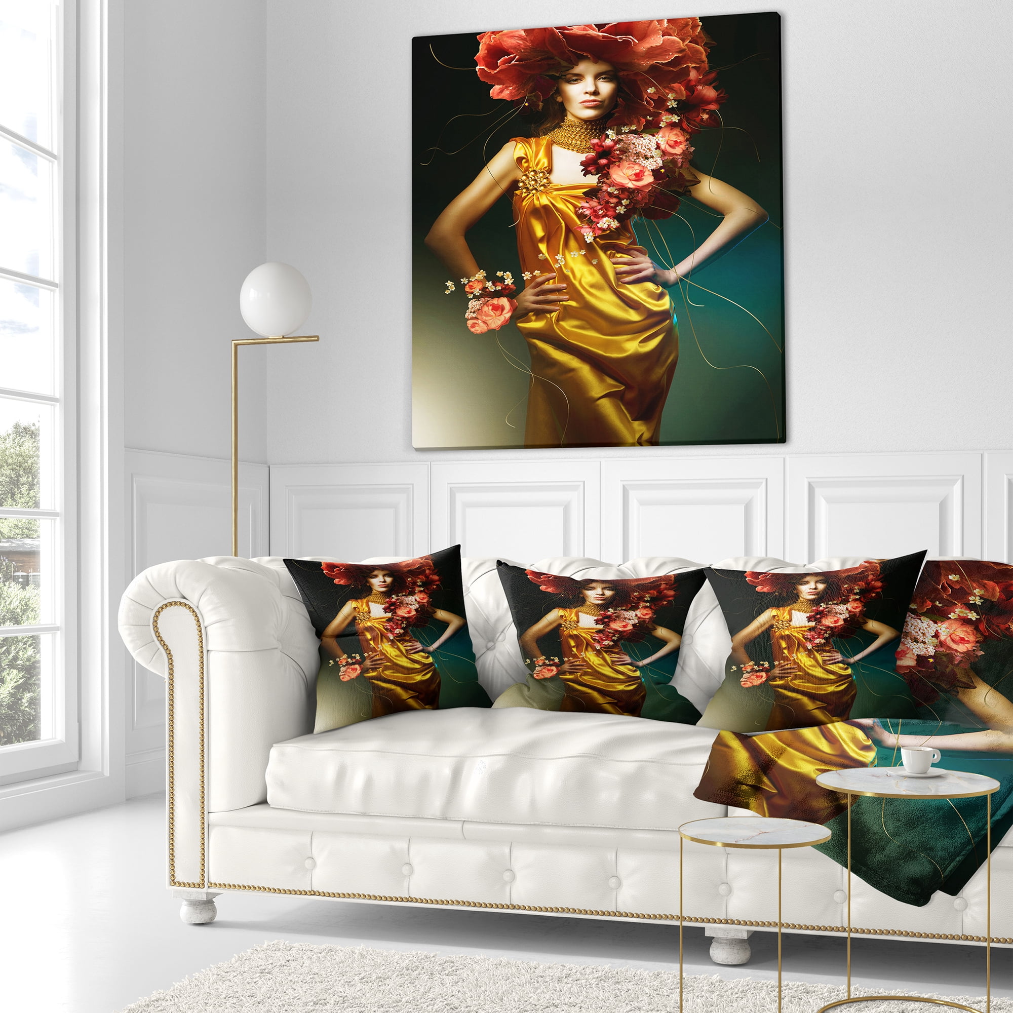 Designart Sensual Woman in Yellow Dress - Portrait Throw Pillow - 18x18