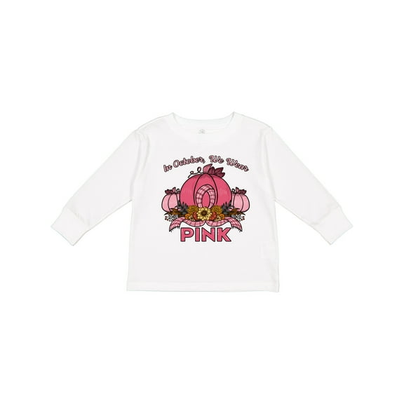 Inktastic In October We Wear Pink with Ribbon and Pink Pumpkins Boys or Girls Long Sleeve Toddler T-Shirt