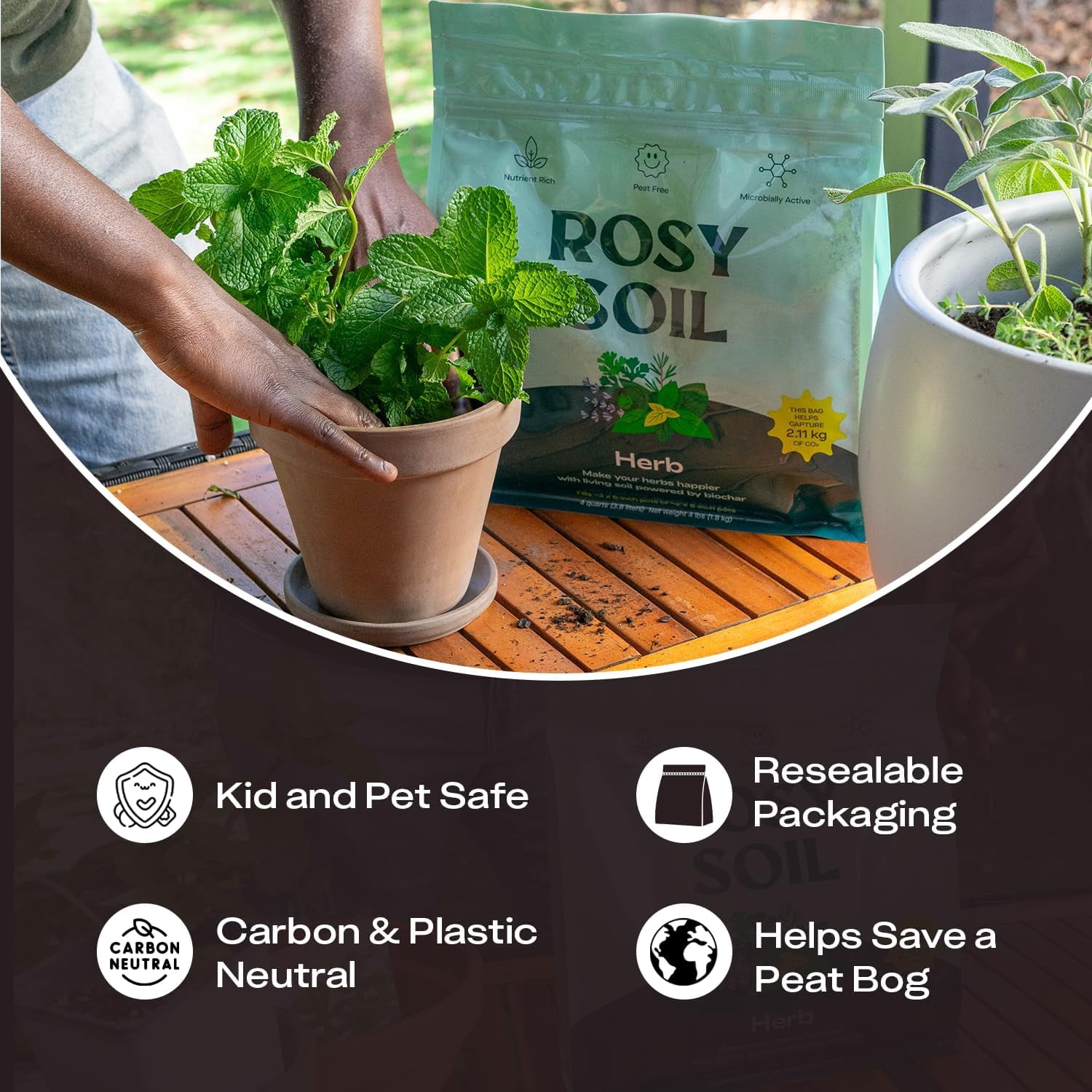 Rosy Soil Herb Potting Soil Mix for Indoor Herb Garden, Organic Peat Free Soil with Biochar for Strong Growth & Flavor, Well Draining Potting Mix, 4 qt