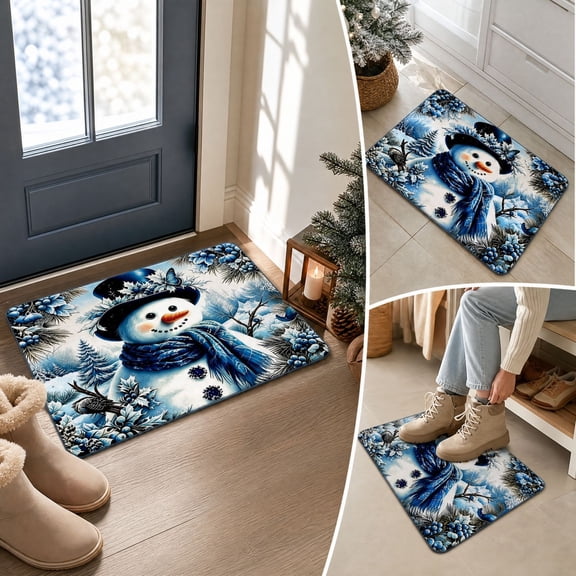 Trovenix Christmas Snowman Doormat Winter Blue Snow Floor Mat Holiday Snowflake Bird Print Non Slip Rug Indoor Entryway Home Decor