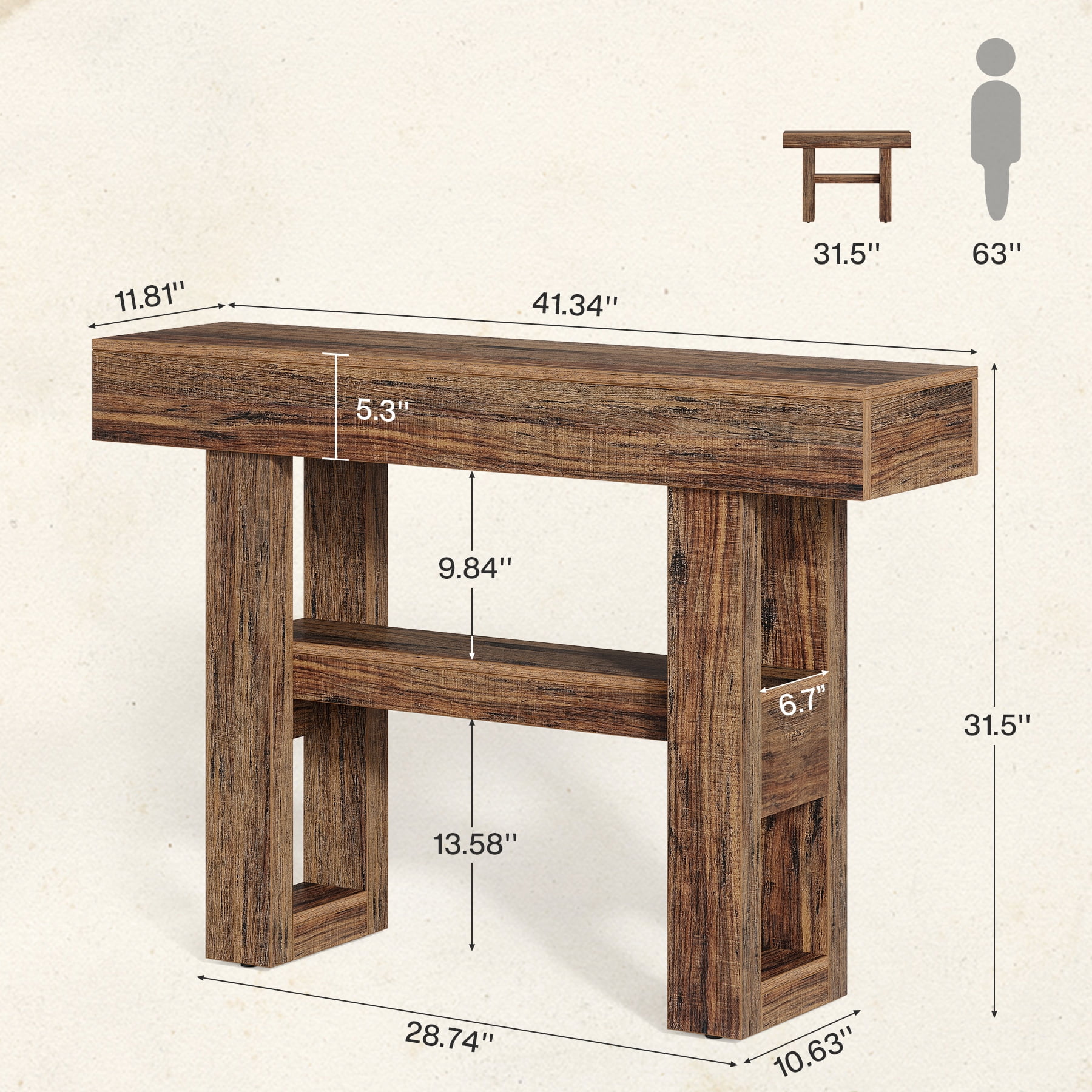 Tribesigns 41.34-Inch Farmhouse Console Table, 2-Tier Narrow Sofa Table Behind the Couch, Entryway Furniture with Storage Shelves for Living Room, Hallway, Foyer, Rustic Brown