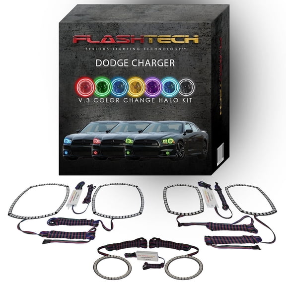 Flashtech RGB Color Changing LED Halo kit for 11-14 Dodge Charger Headlight & Fog Lights