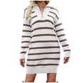 thumbnail image 2 of EGNMCR Robe Chandail en Molleton à Fermeture à Glissière 1/4 pour Femmes Automne Hiver à Rayures Contrastées Imprimé Col à Revers Manches Longues Tunique Chandail Grande Taille Tendance Décontractée Mini Dresses, 2 of 7