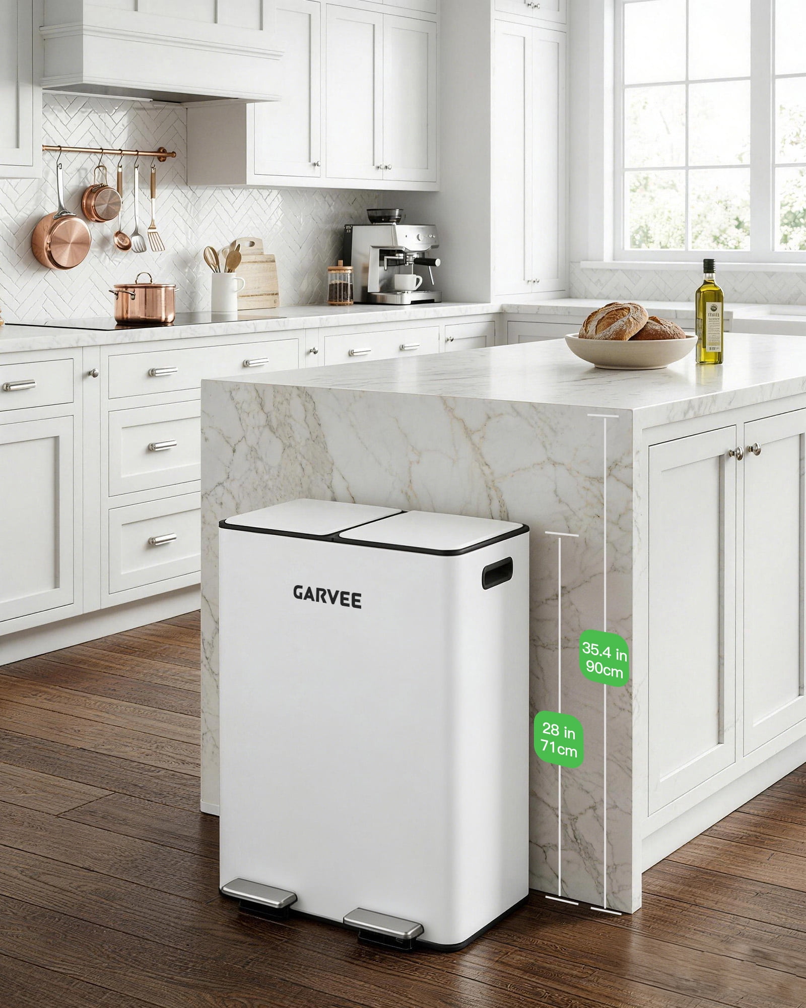 Dual Trash Can 16 Gallon 60L Stainless Steel Garbage and Recycling Can with Foot Pedal for Kitchen, Living Room, Office, Removable Inner Buckets Soft Close Lid Odor Proof, Garbage sorting