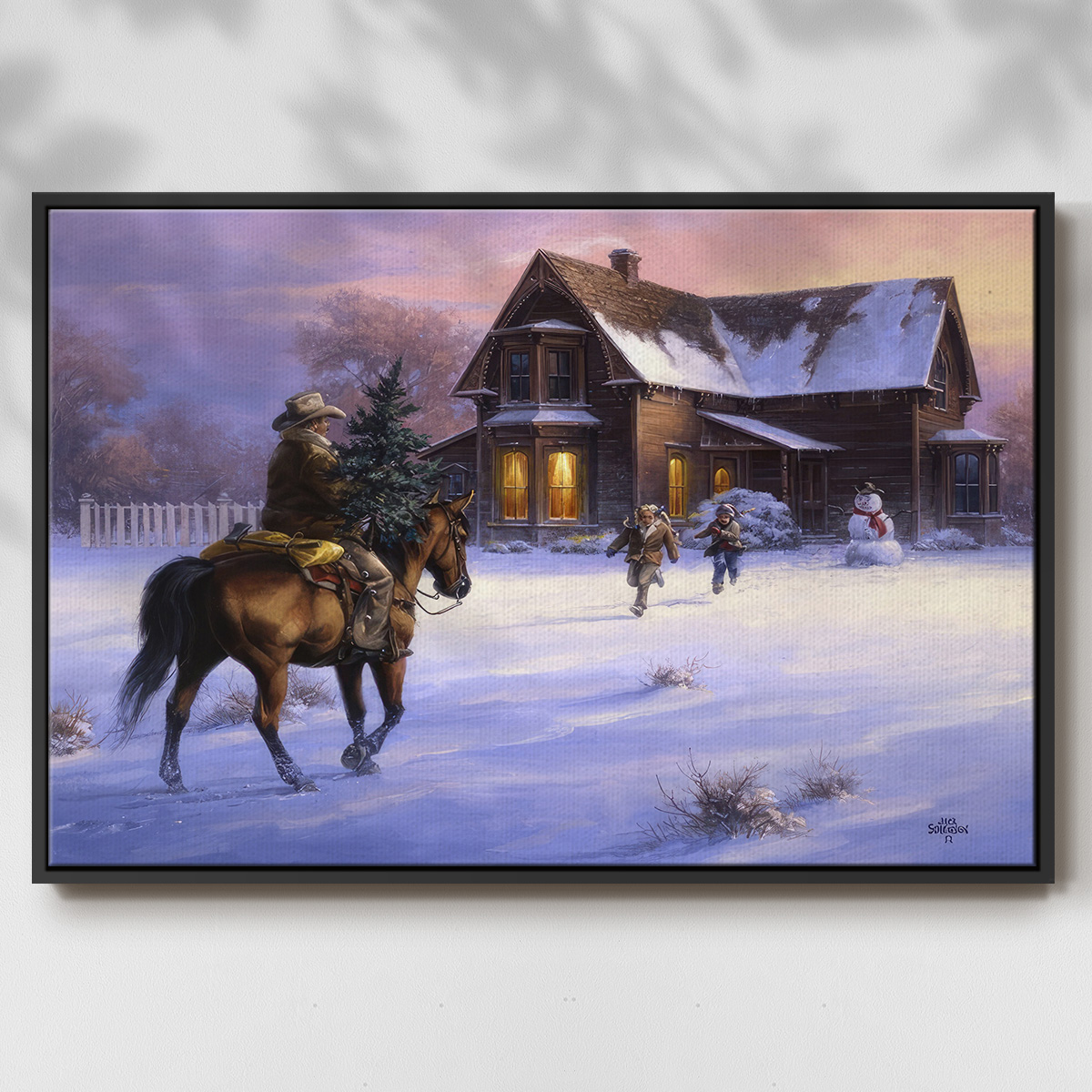 The Day Daddy Brought Home the Tree - Framed Gallery Wrapped Holiday Canvas - 17 x 25 - Black Frame