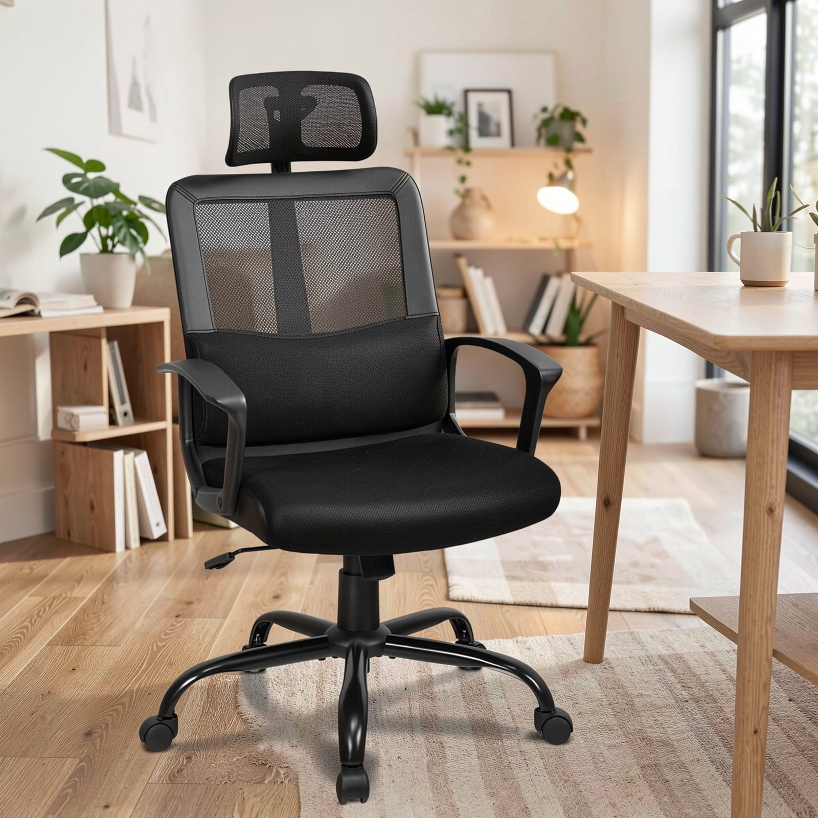 Furnibear Mesh Office Chair High Back Ergonomic Swivel Desk Chair with Adjustable Headrest Lumbar Support Computer Chair for Home Office, Black