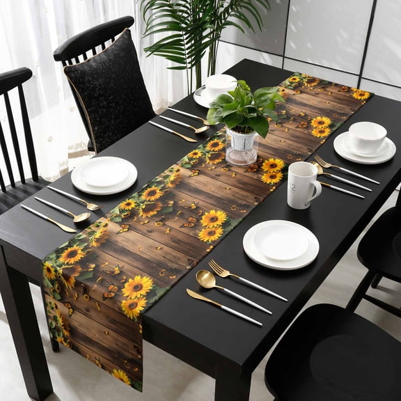 Yellow Sunflower Butterfly Cotton Linen Small Table Runner 13 x 36 inch Retro Wood Grain Farmhouse Non-slip Rectangular Dining Table Decor for Wedding Party Holiday Dinner