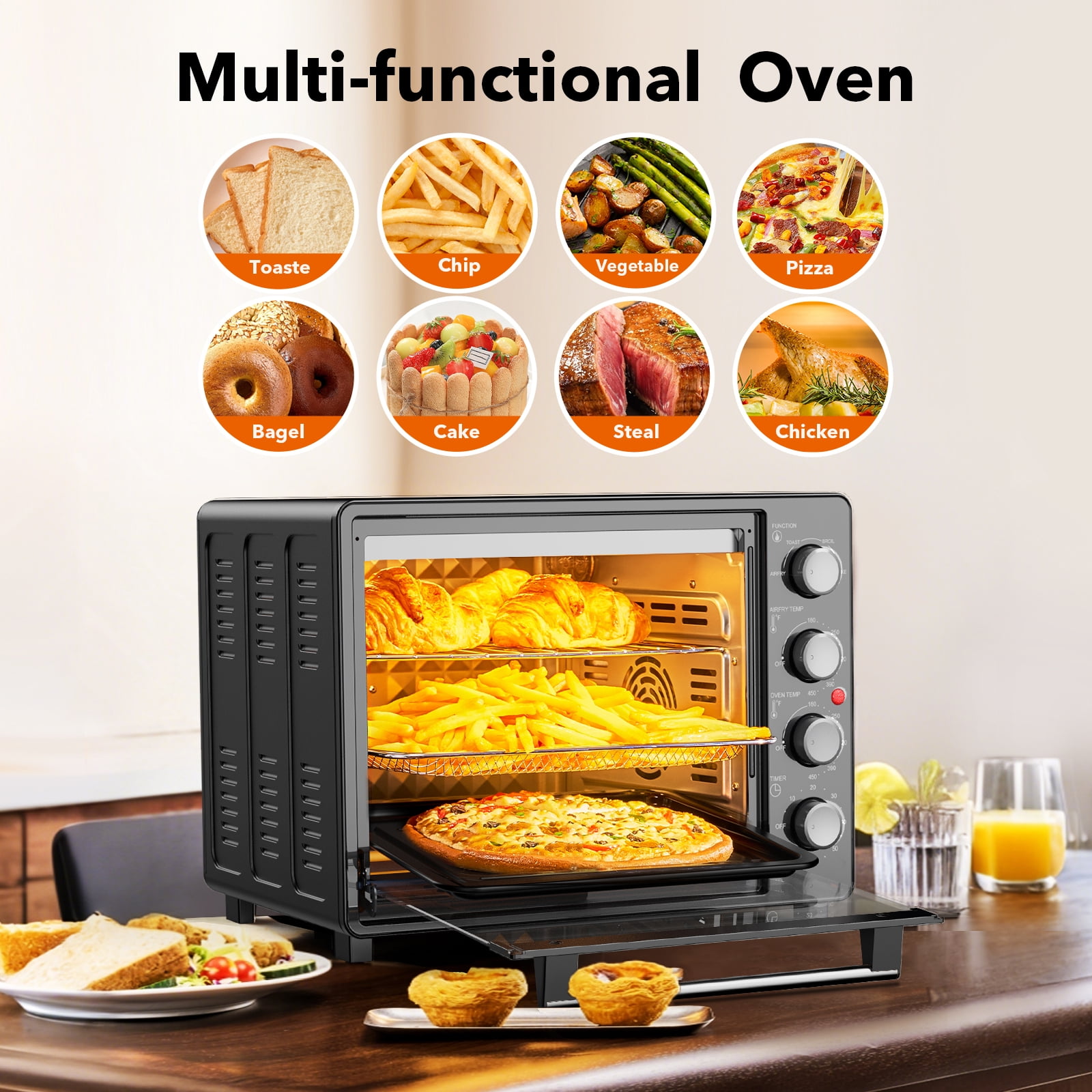 34 QT Super-Large  Air Fryer, Electric Toaster Oven Countertop, Pizza, Warm, Broil, Toast, Bake, Air Fry, 1500W, 5  Functions, 85% Oil-Less