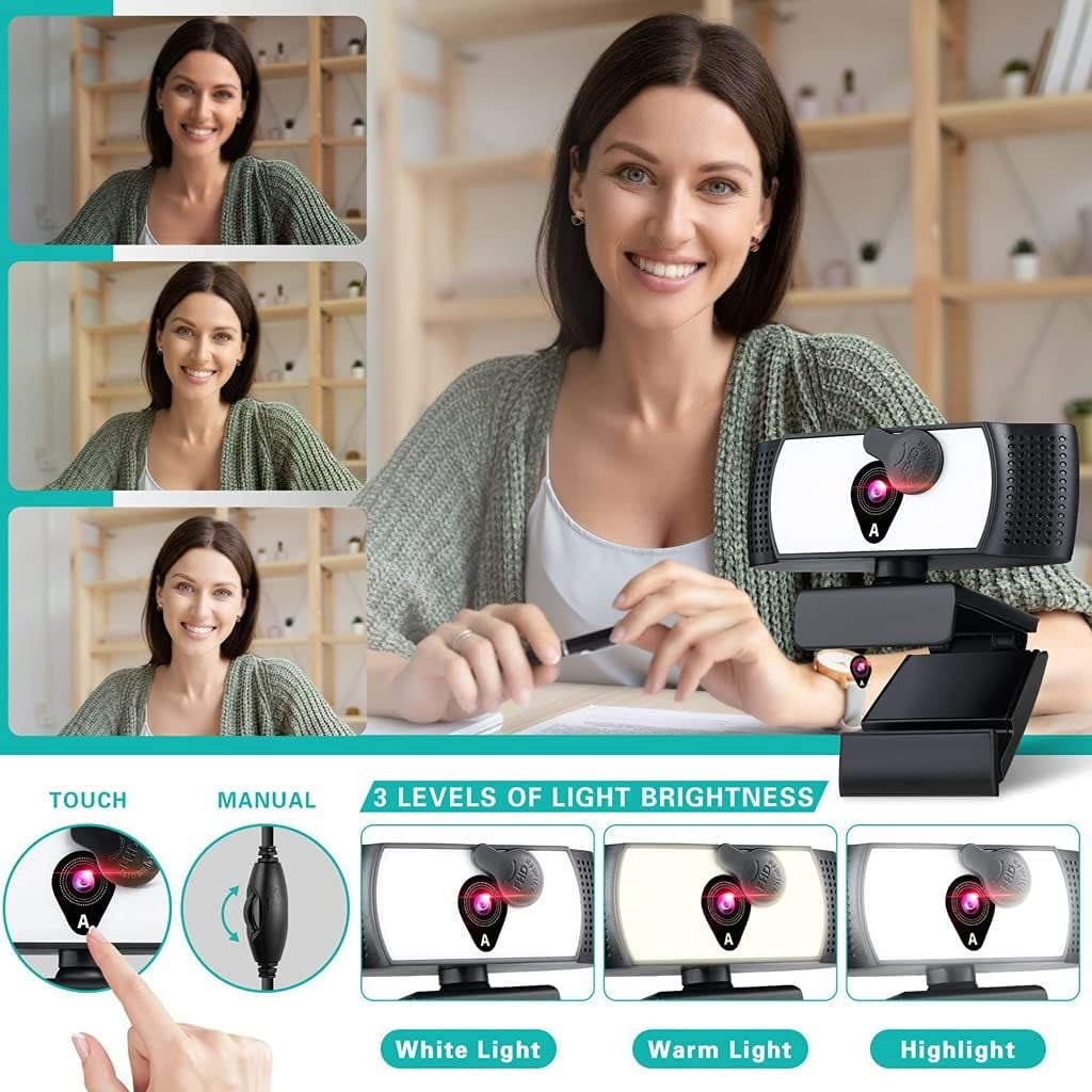 2K/1080P Webcam with Light Microphone, Webcam for PC Laptop Desktop, Webcam for Meetings and Streaming, Computer Camera with Privacy Cover Noise-Canceling Microphones, Web Camera Advanced Auto-Focus