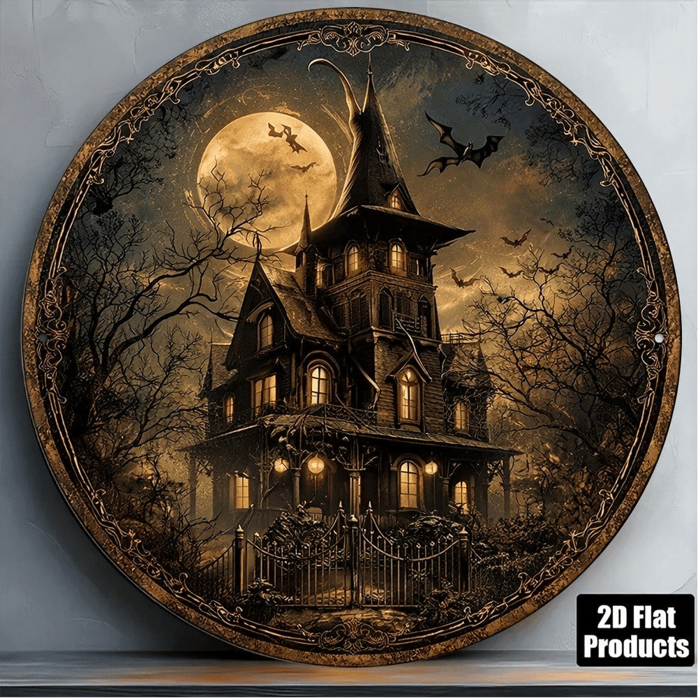 8x8in Vintage Halloween Sign, Flat Round Plaque, Haunted House Horror Castle Decor