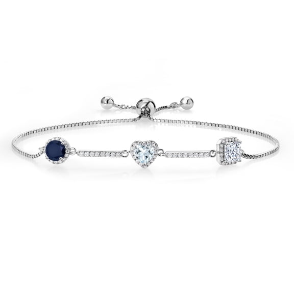 Gem Stone King 1.82 Ct Round Blue Sapphire Sky Blue Aquamarine 925 Sterling Silver Bracelet for Women