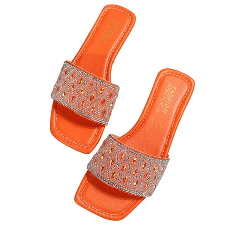 

Kukoosong Sandals Women Summer Fashion Rhinestone Decoration Slippers Square Head Flat Casual Slippers Flat Sandals for Women Orange 39