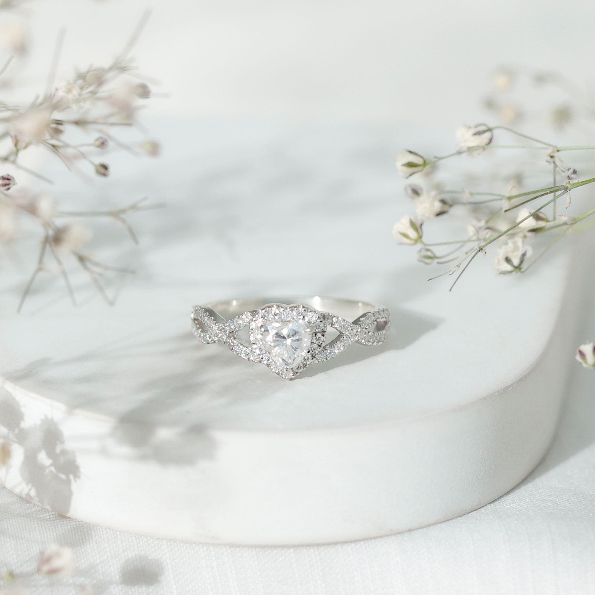 Rosec Jewels Moissanite Heart Engagement Ring for Women - 1/2 Carat - Moissanite Halo Crossover Ring - D-VS1 Grade, 14K White Gold, US 5.00