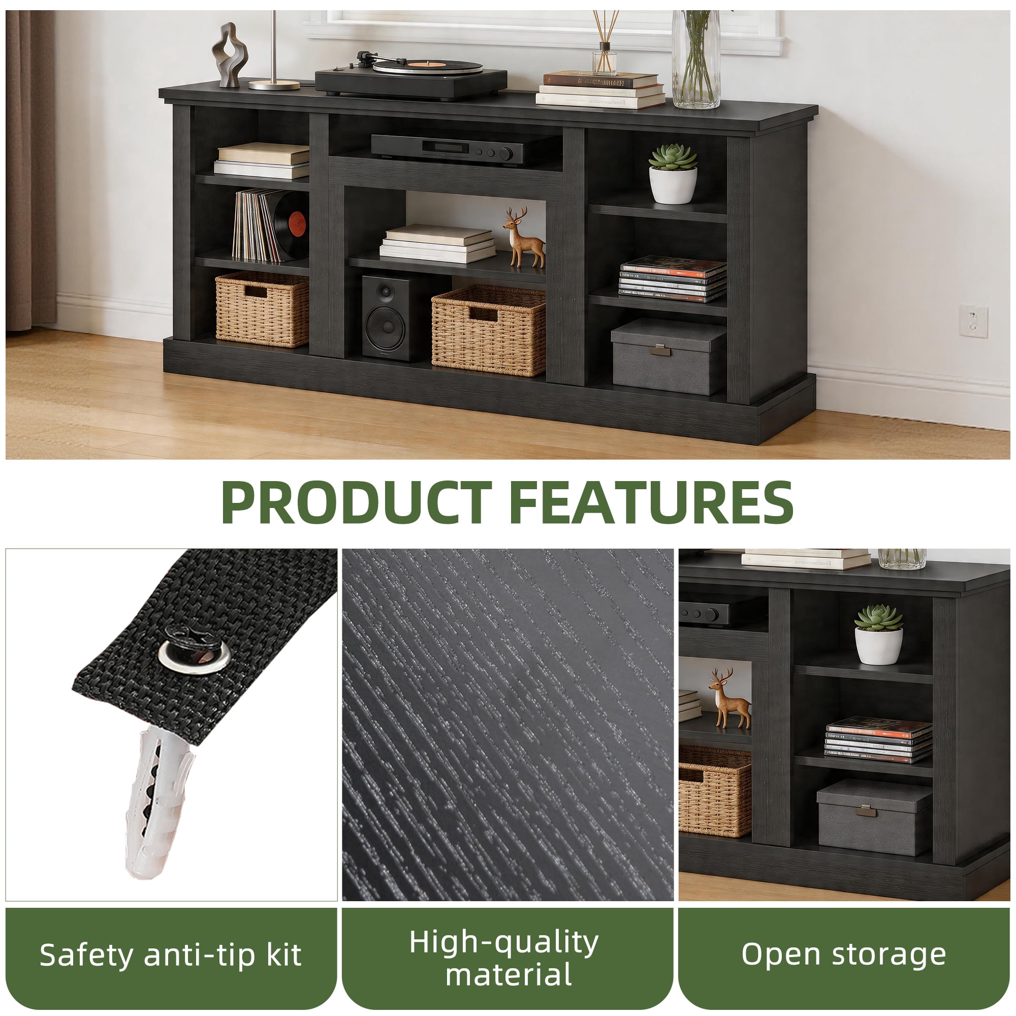 Uforic 70"W Farmhouse TV Stand, Adjustable Shelf Entertainment Center for 75/80 Inch TVs, Black