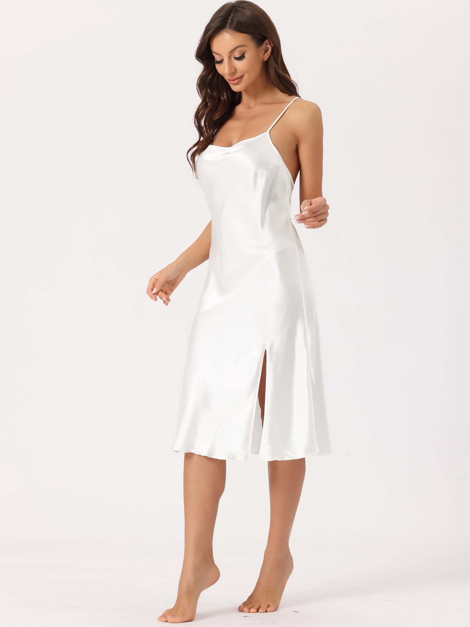 DARING DIVA Women's Satin Sleeveless Backless Slit Silky Midi Nightgown M White